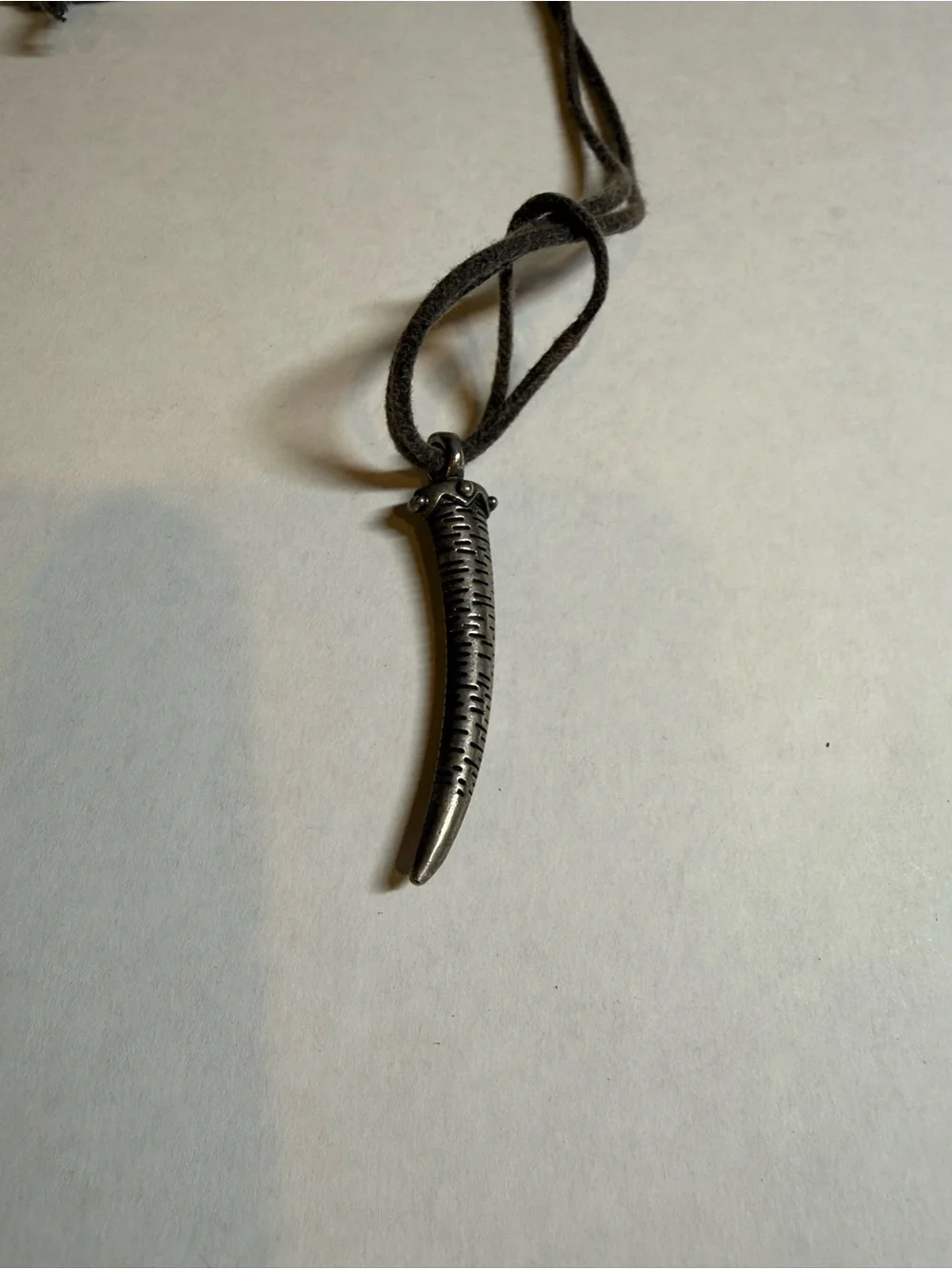 Silver Tone Fang Tusk Pendant Necklace Adjustable Cord Tribal Boho Gothic